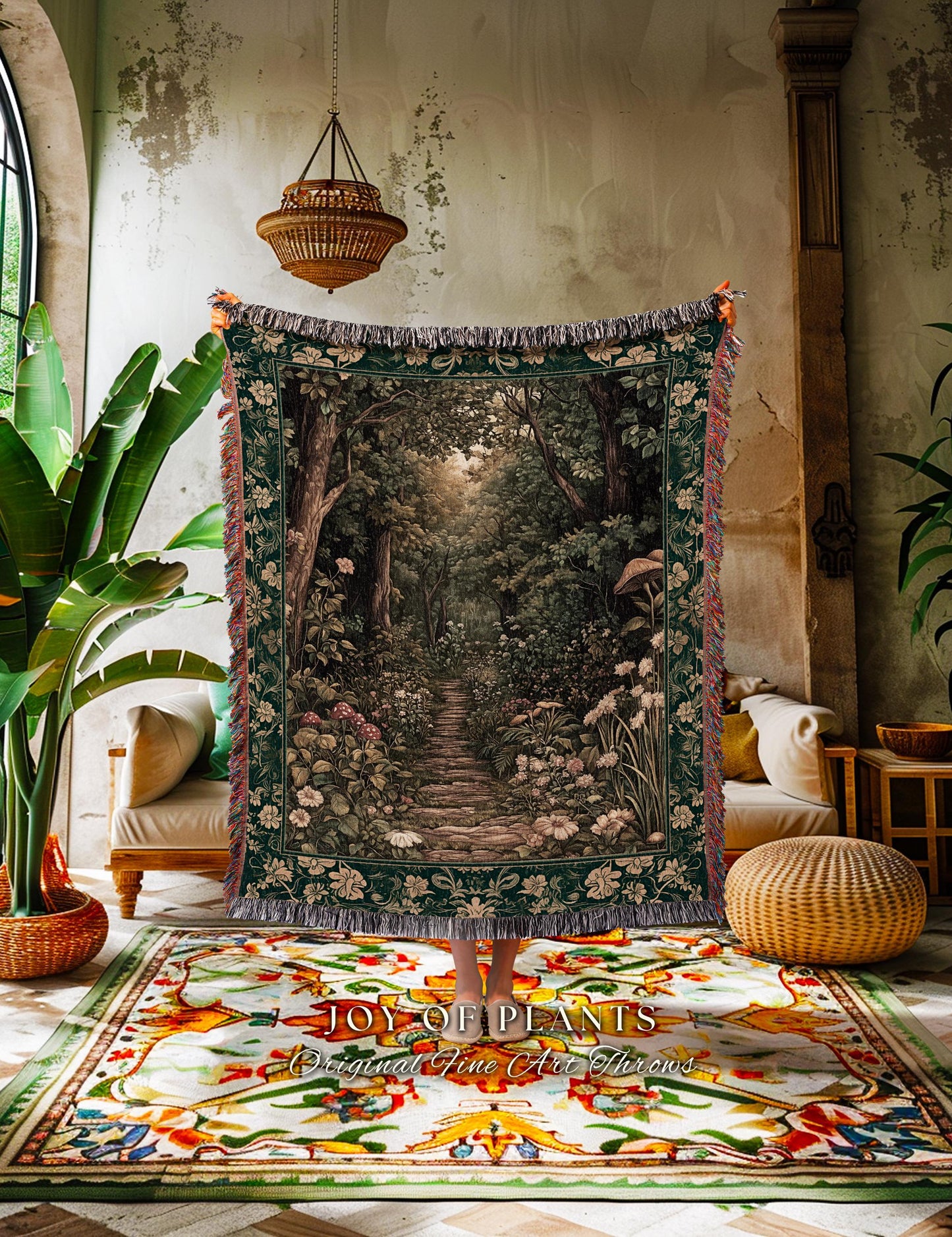 Botanical Bedroom Throw Blanket Fairycore | Woodland Mushroom Aesthetic Nature Lover Book Nook Wall Tapestry Woven Emerald Green Decor |