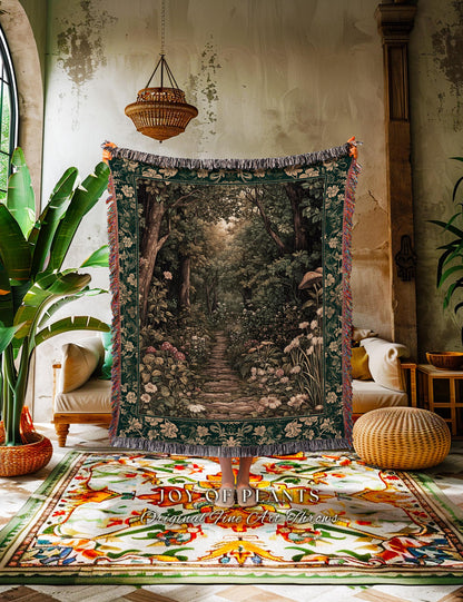 Botanical Bedroom Throw Blanket Fairycore | Woodland Mushroom Aesthetic Nature Lover Book Nook Wall Tapestry Woven Emerald Green Decor |