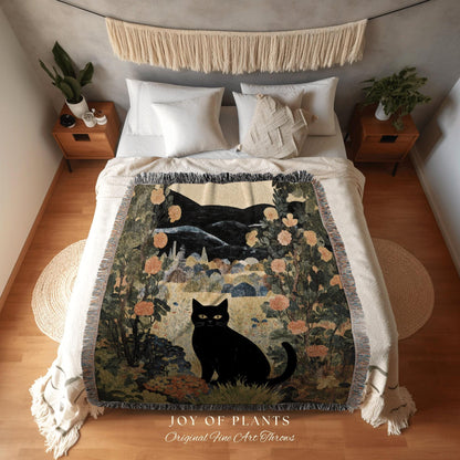 Fall Aesthetic Vintage Cat in the Wildflowers Tapestry Floral Art Halloween Decor Tapestry Black Cat Woven Blanket | Boho Cat Cottagecore |