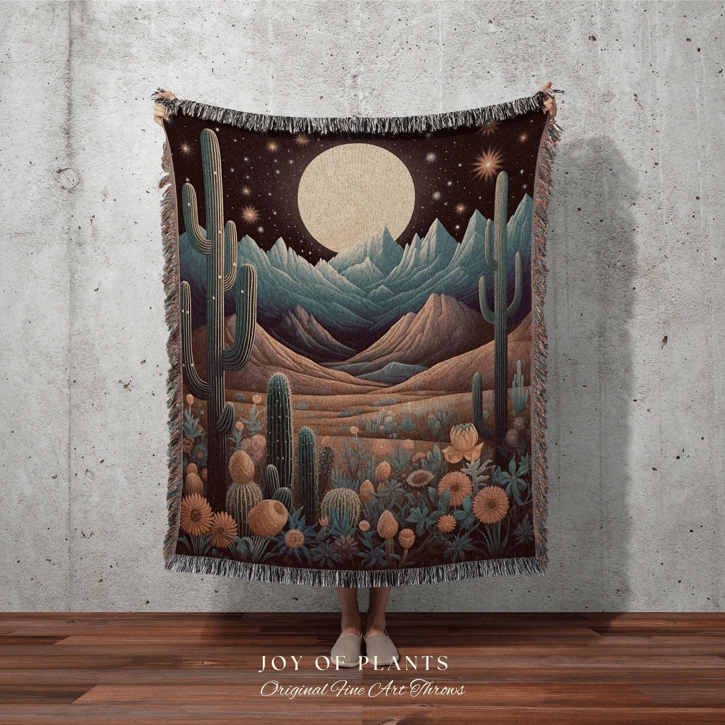 Vintage Desert Moon Blanket | Southwestern Home Decor Housewarming Gift Blanket Cactus Aesthetic Blanket Woven Tapestry Boho Desert Decor |