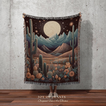 Vintage Desert Moon Blanket | Southwestern Home Decor Housewarming Gift Blanket Cactus Aesthetic Blanket Woven Tapestry Boho Desert Decor |