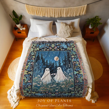 Mystic Meadow Full Moon Spirit Blanket | Indigo Starry Sky Woven Tapestry Ghost Halloween Decor Autumn Whimsical Garden Cottagecore Throw |