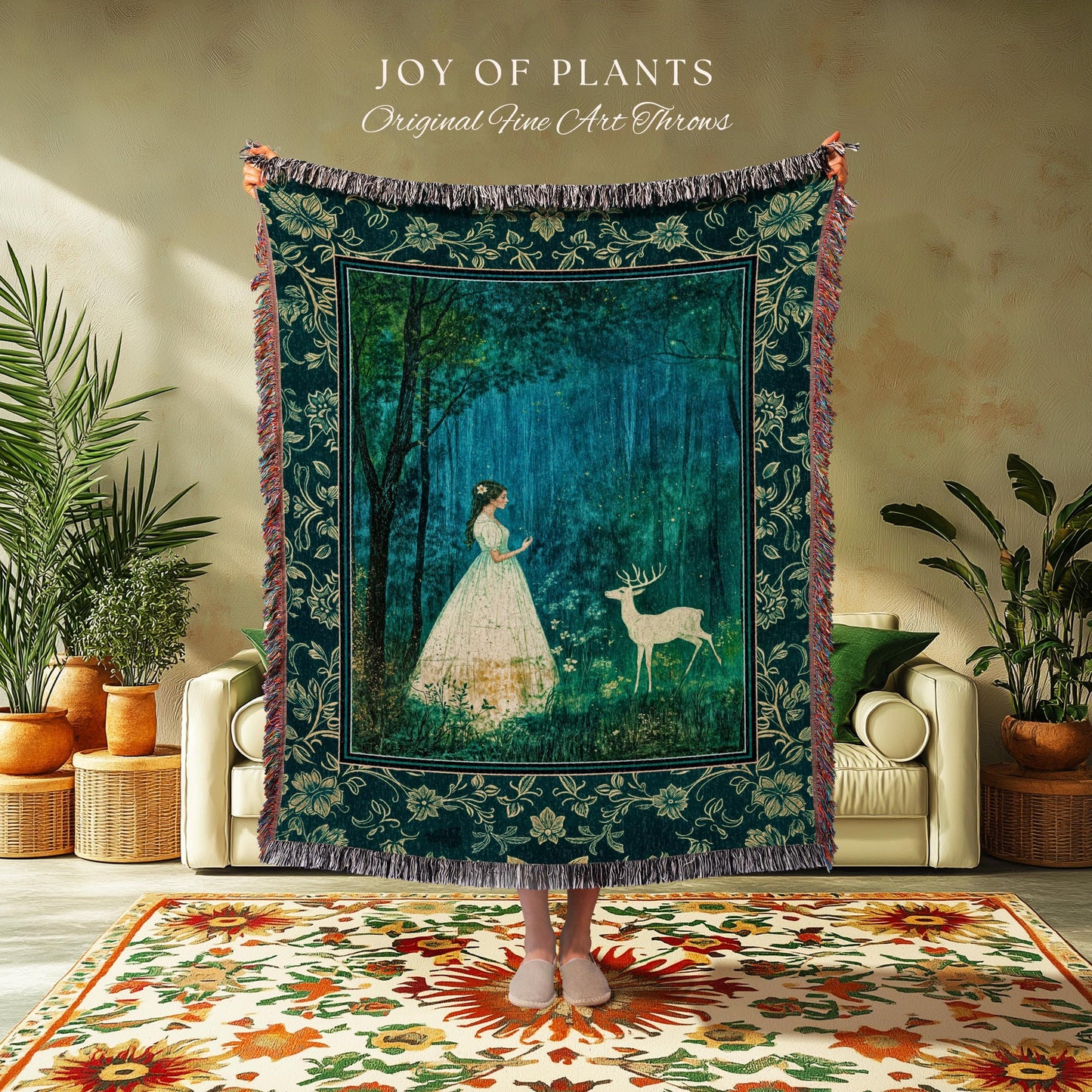 Spirit Animal Magic Forest Blanket | Woodland Folklore Woven Tapestry Spiritual Meaning Wall Art Enchanted Woods Throw Botanical Whimsical |