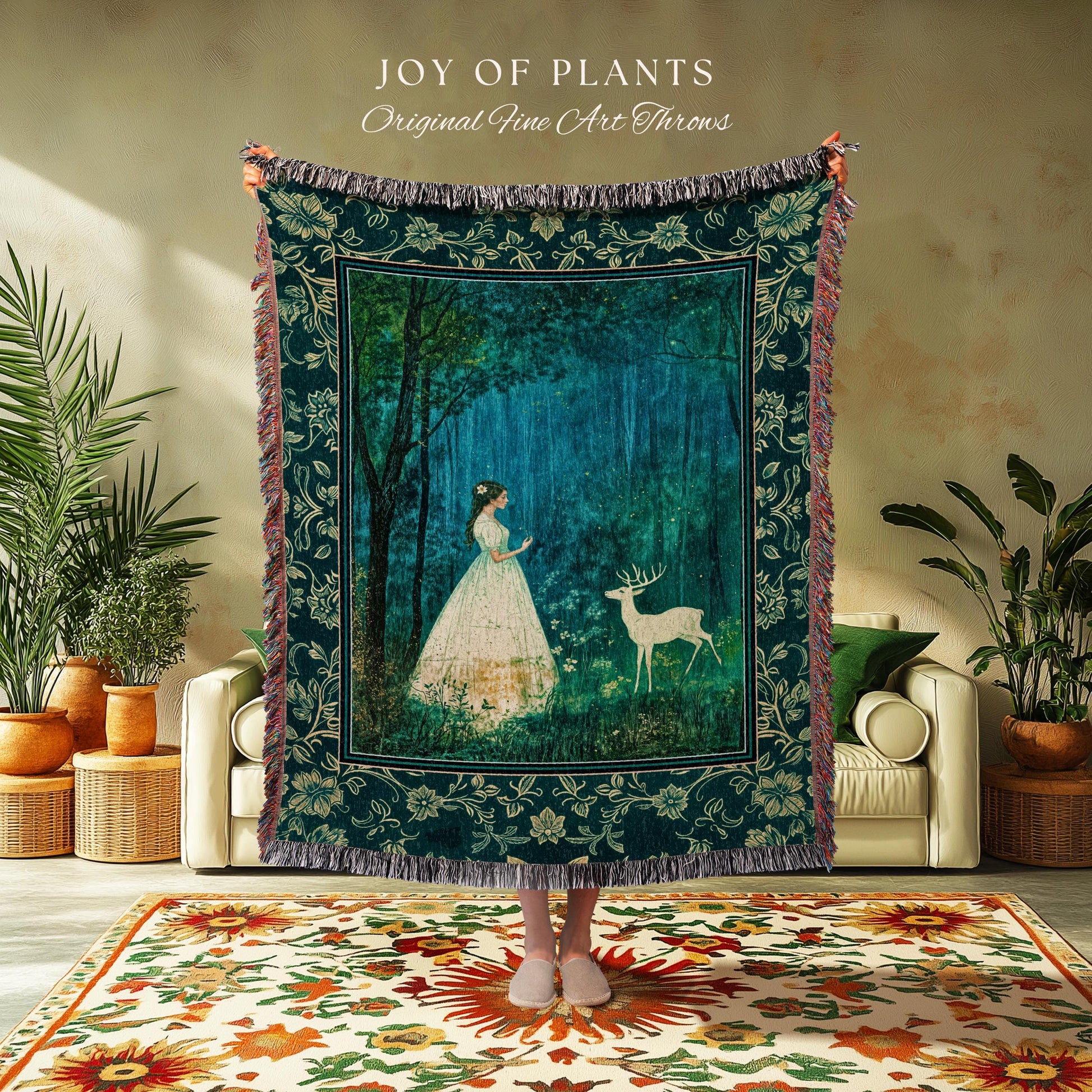 Spirit Animal Magic Forest Blanket | Woodland Folklore Woven Tapestry Spiritual Meaning Wall Art Enchanted Woods Throw Botanical Whimsical |