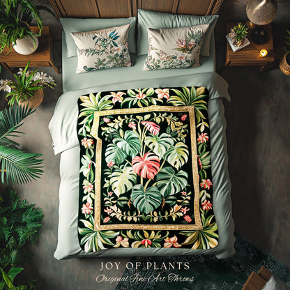 Earthy Vibes Monstera Tapestry | Cozy Woven Blanket Forestcore Vintage Summer Bedspread Tropical Goth Aesthetic Cottagecore Leafy Bedroom |