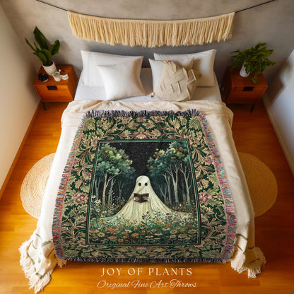 Reading Ghost Wildflower Tapestry Blanket | Gothic Decor Goth Lover Gift Cozy Home Halloween Decoration Fall Accent Botanical Spirit Witchy