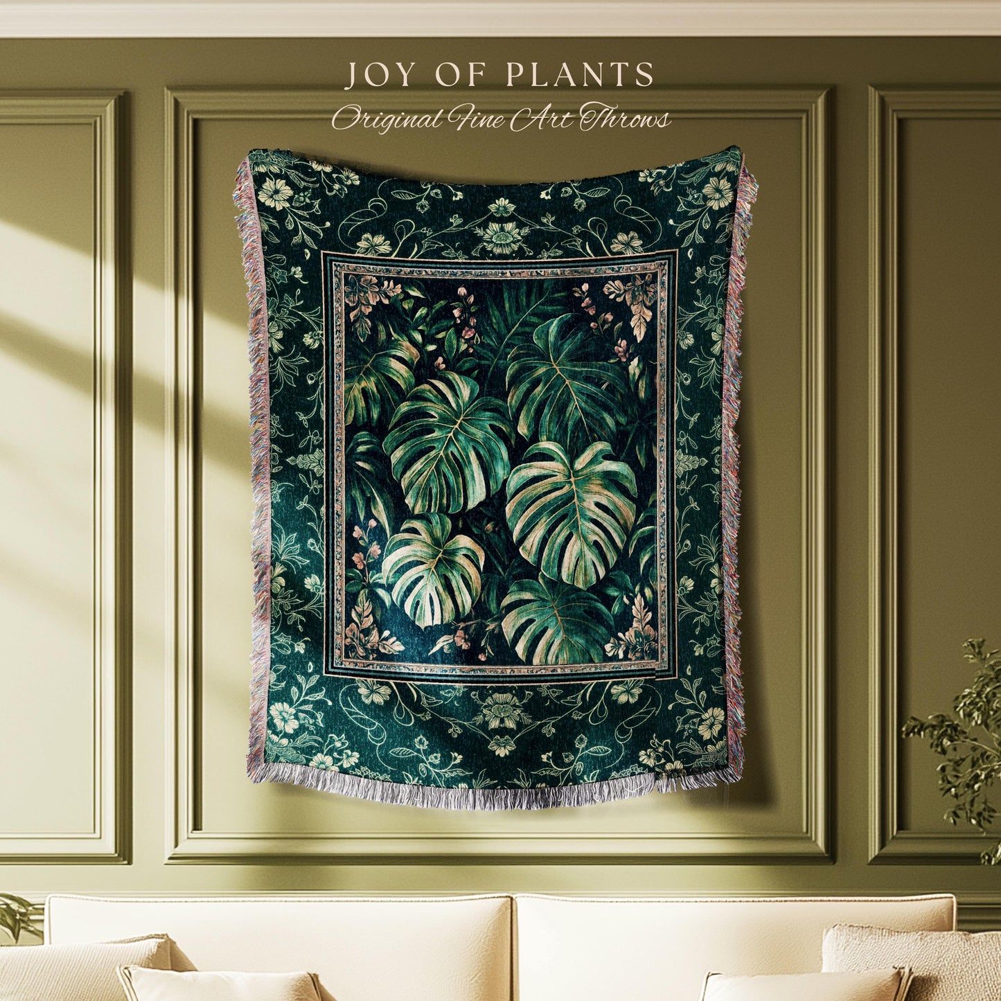 Jungle Inspired Emerald Green Coverlet | Monstera Throw Blanket Moody Bedroom Tapestry Woven Wall Art Trendy Tropigoth Room Accent Botanical