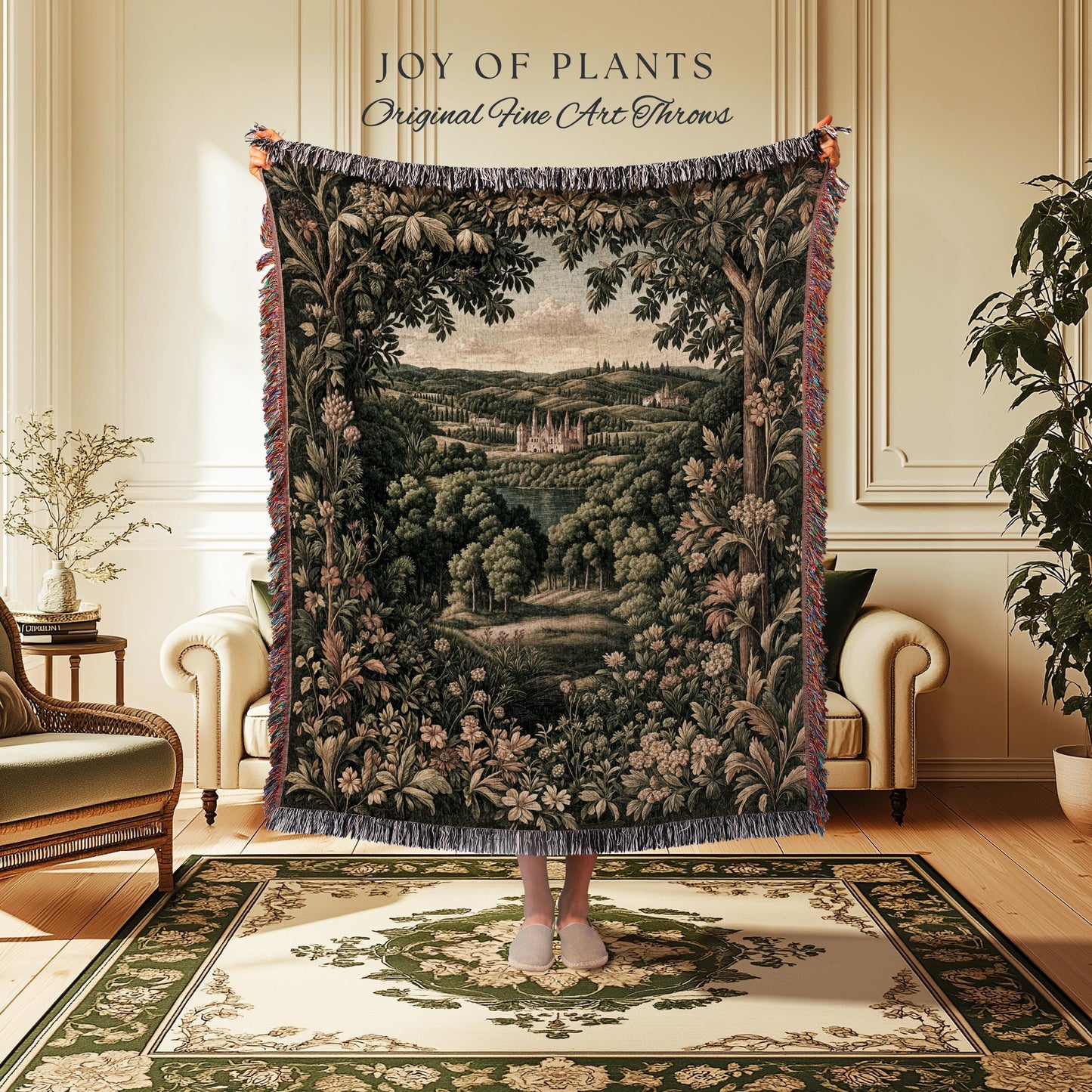 Renaissance Aesthetic Woven Wall Tapestry | Whimsical Fairytale Botanical Magic Garden Throw Blanket Fairycore Woodland Natural Elegance |