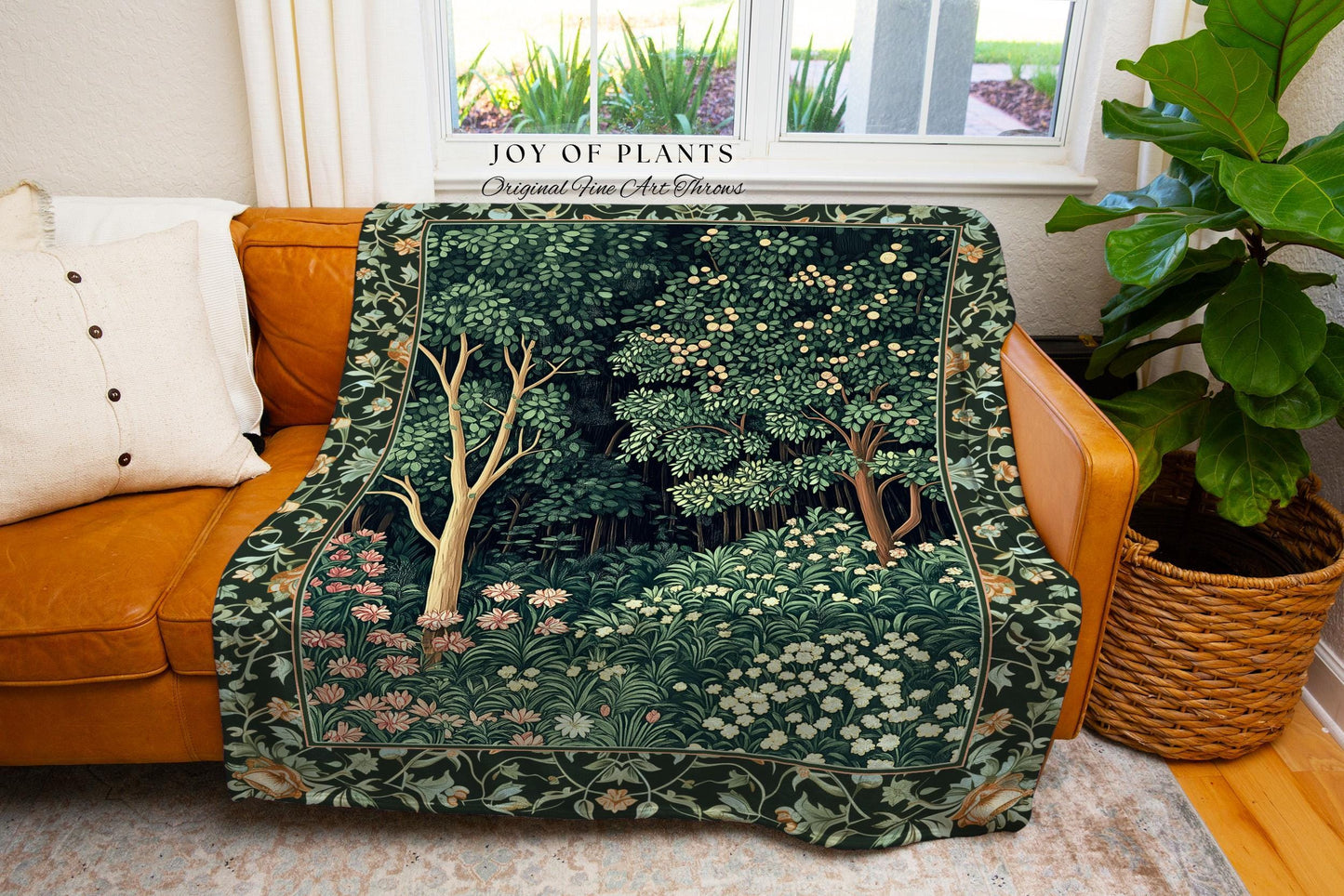 Medieval Forest Botanical Accent Throw | Woodland Botanical Emerald Green Vintage Aesthetic Mystic Book Nook Woven Tapestry Blanket Magical