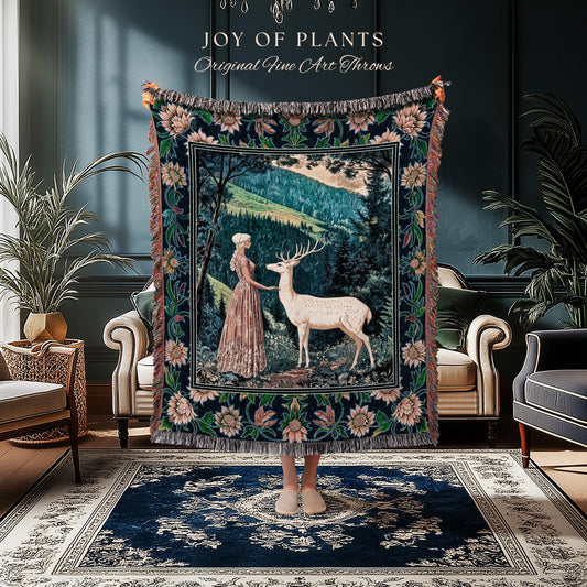 Victorian Floral Fantasy Throw Blanket | Ornate Botanical Landscape Woven Tapestry Maximalist Folklore Wall Art Whimsical Elven Princess |