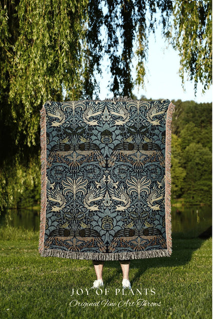 William Morris Tapestry Woven Throw Blanket | Cobalt Blue Throw Blanket William Morris Wall Tapestry | Art Nouveau Decor Woven Throw Blanket