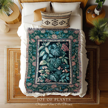 Elegant Botanicals Dark Forestcore Blanket | Woodland Fairycore Tapestry Woven Wall Art Dark Cottagecore Vintage Style Moody Bedroom Teal |
