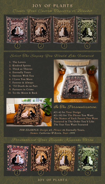 Eternally Yours Cat Couple Personalized Blanket | Dark Floral Woodland Aesthetic Woven Throw Custom Dark Academia Gift for Girlfriend Cute |