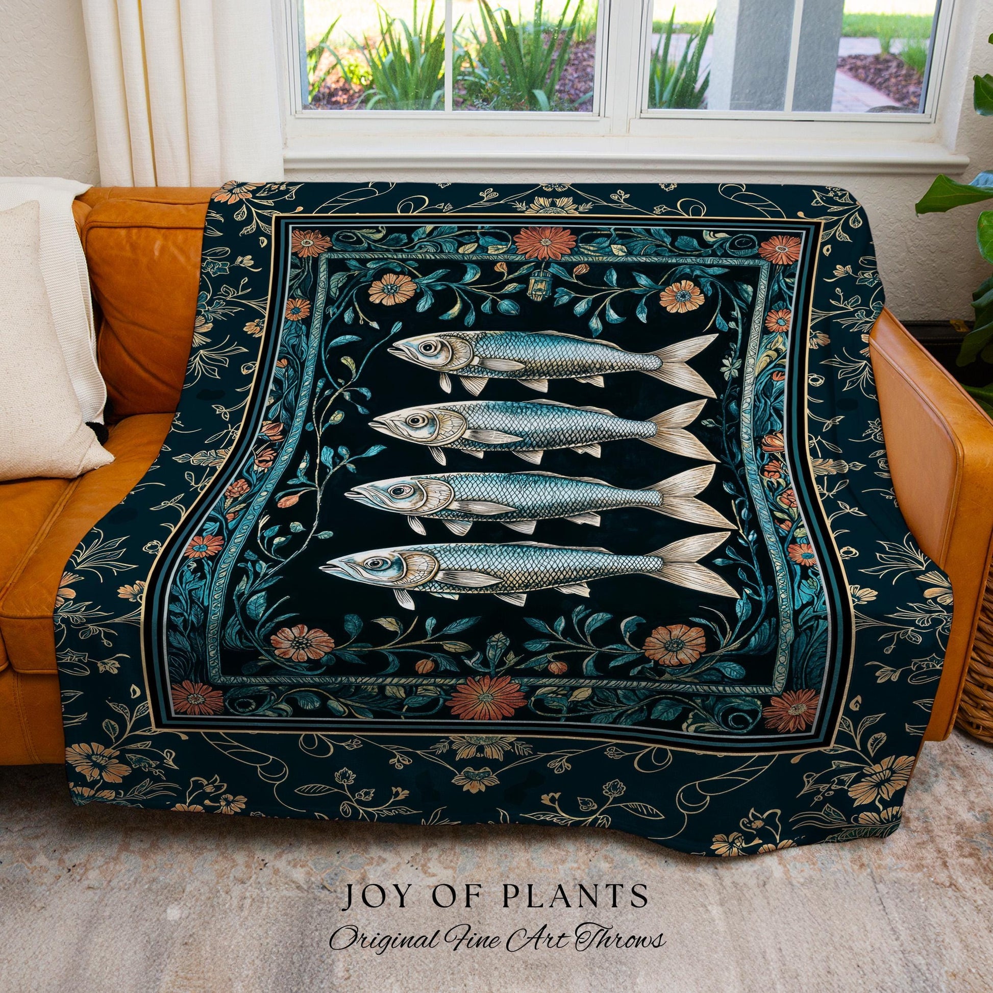 Modern Lake House Cozy Throw Blanket | Indie Coastal Themed Woven Throw Blanket Ocean Eclectic Sea Life Tapestry Sardine Wall Art Rustic |