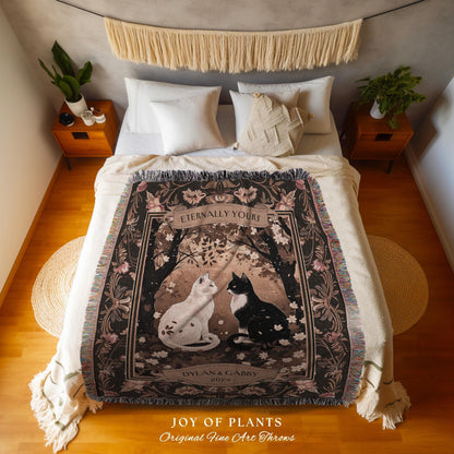 Eternally Yours Cat Couple Personalized Blanket | Dark Floral Woodland Aesthetic Woven Throw Custom Dark Academia Gift for Girlfriend Cute |