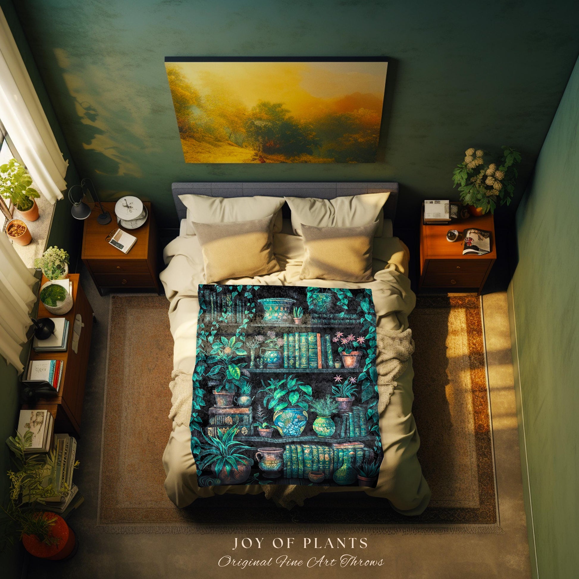 Moody Botanical Bookshelf Blanket | Witchy Reading Blanket Dark Cottagecore Woven Tapestry Wall Hanging Haunted Library Aesthetic Gothic