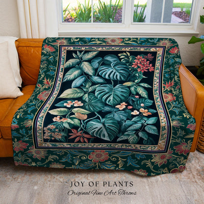 Elegant Botanicals Dark Forestcore Blanket | Woodland Fairycore Tapestry Woven Wall Art Dark Cottagecore Vintage Style Moody Bedroom Teal |