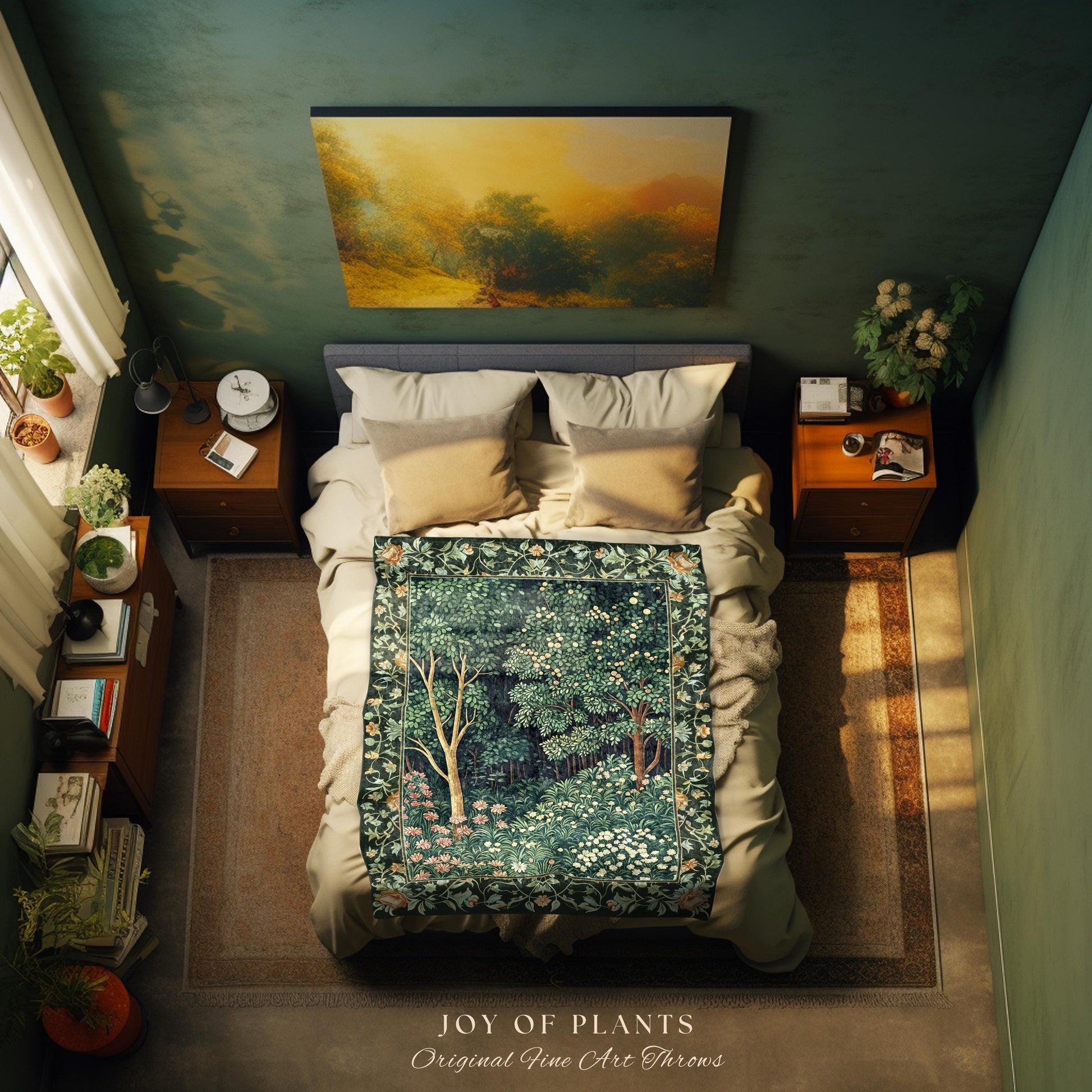 Medieval Forest Botanical Accent Throw | Woodland Botanical Emerald Green Vintage Aesthetic Mystic Book Nook Woven Tapestry Blanket Magical