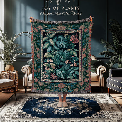 Elegant Botanicals Dark Forestcore Blanket | Woodland Fairycore Tapestry Woven Wall Art Dark Cottagecore Vintage Style Moody Bedroom Teal |
