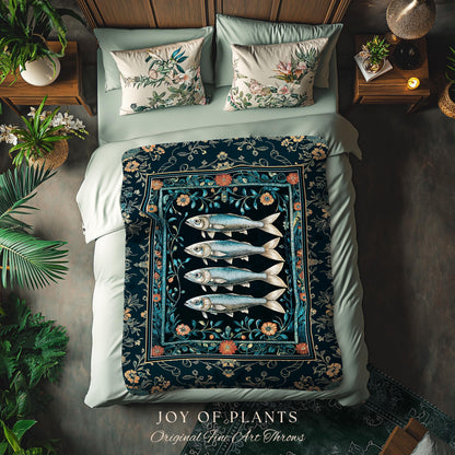 Modern Lake House Cozy Throw Blanket | Indie Coastal Themed Woven Throw Blanket Ocean Eclectic Sea Life Tapestry Sardine Wall Art Rustic |