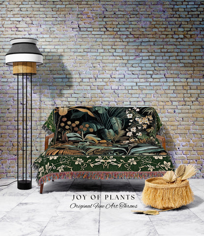 Jungle Leaves Botanical Woven Tapestry | Tropical Jungle Nature Lover Book Nook Cozy Plant Lover Boho Bedroom Decor Elegant Woven Blanket |