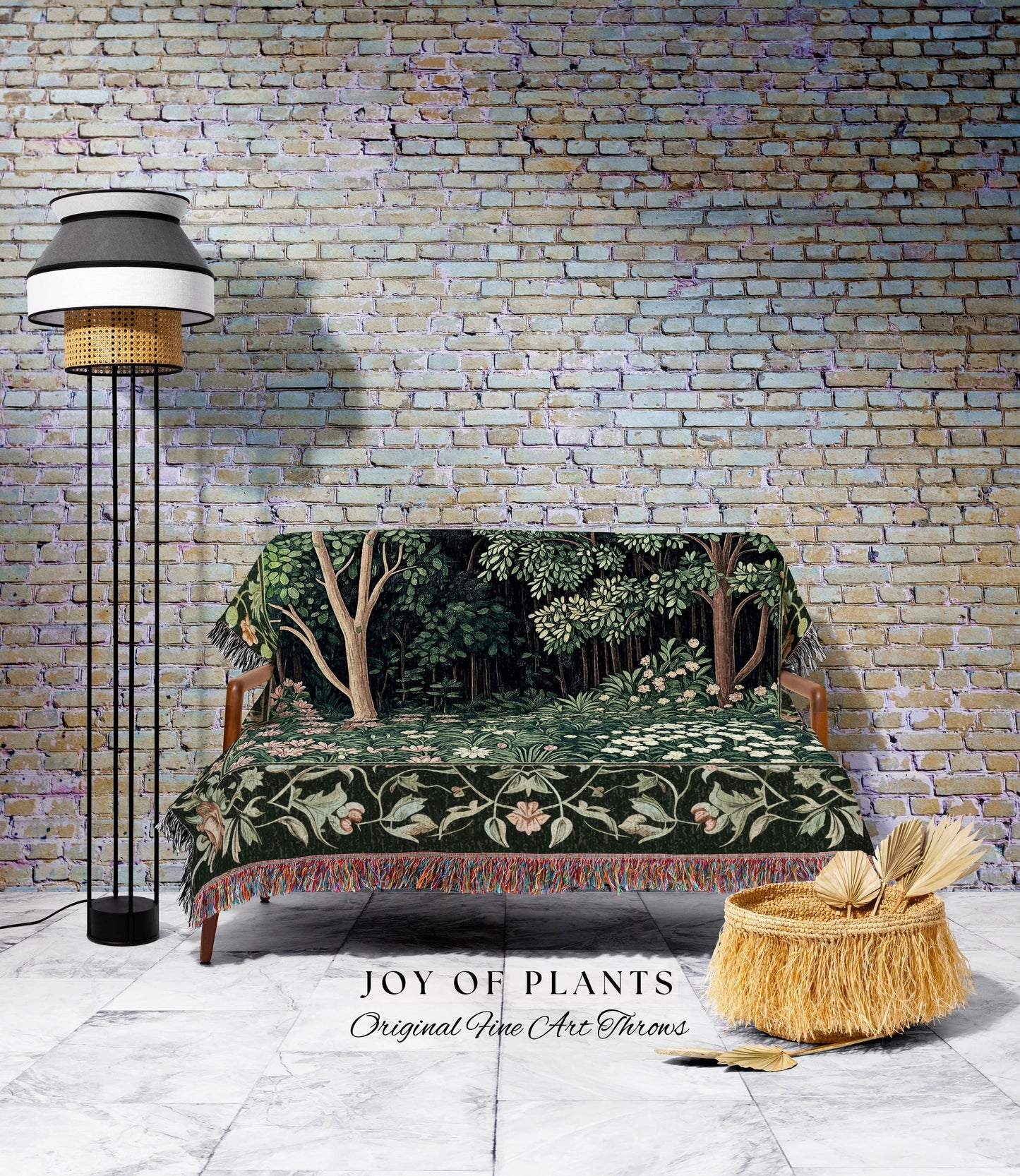 Medieval Forest Botanical Accent Throw | Woodland Botanical Emerald Green Vintage Aesthetic Mystic Book Nook Woven Tapestry Blanket Magical