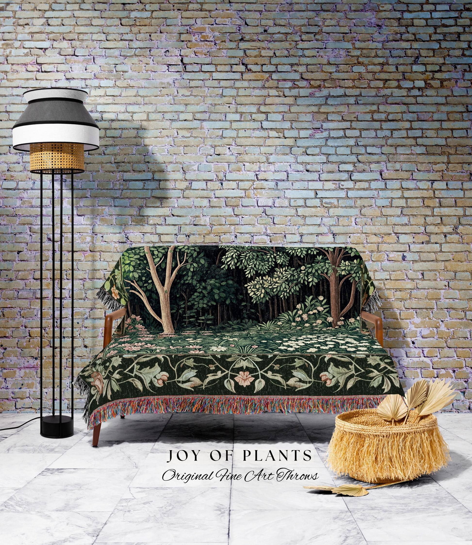 Medieval Forest Botanical Accent Throw | Woodland Botanical Emerald Green Vintage Aesthetic Mystic Book Nook Woven Tapestry Blanket Magical