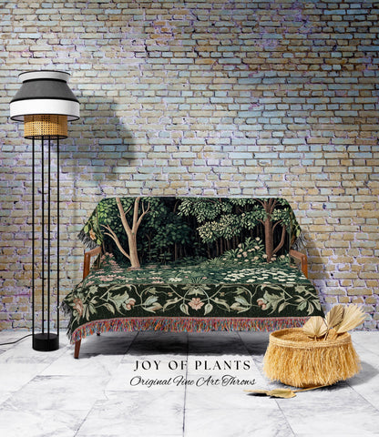 Medieval Forest Botanical Accent Throw | Woodland Botanical Emerald Green Vintage Aesthetic Mystic Book Nook Woven Tapestry Blanket Magical