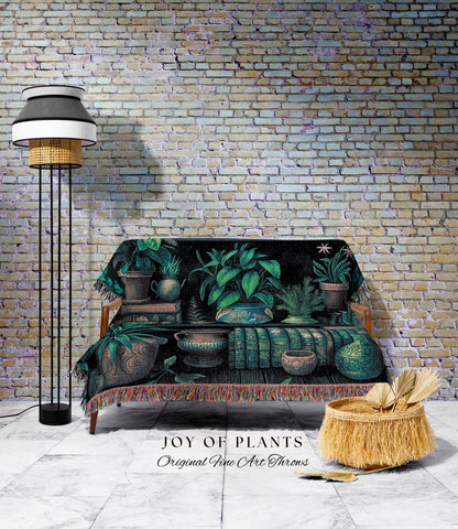 Moody Botanical Bookshelf Blanket | Witchy Reading Blanket Dark Cottagecore Woven Tapestry Wall Hanging Haunted Library Aesthetic Gothic