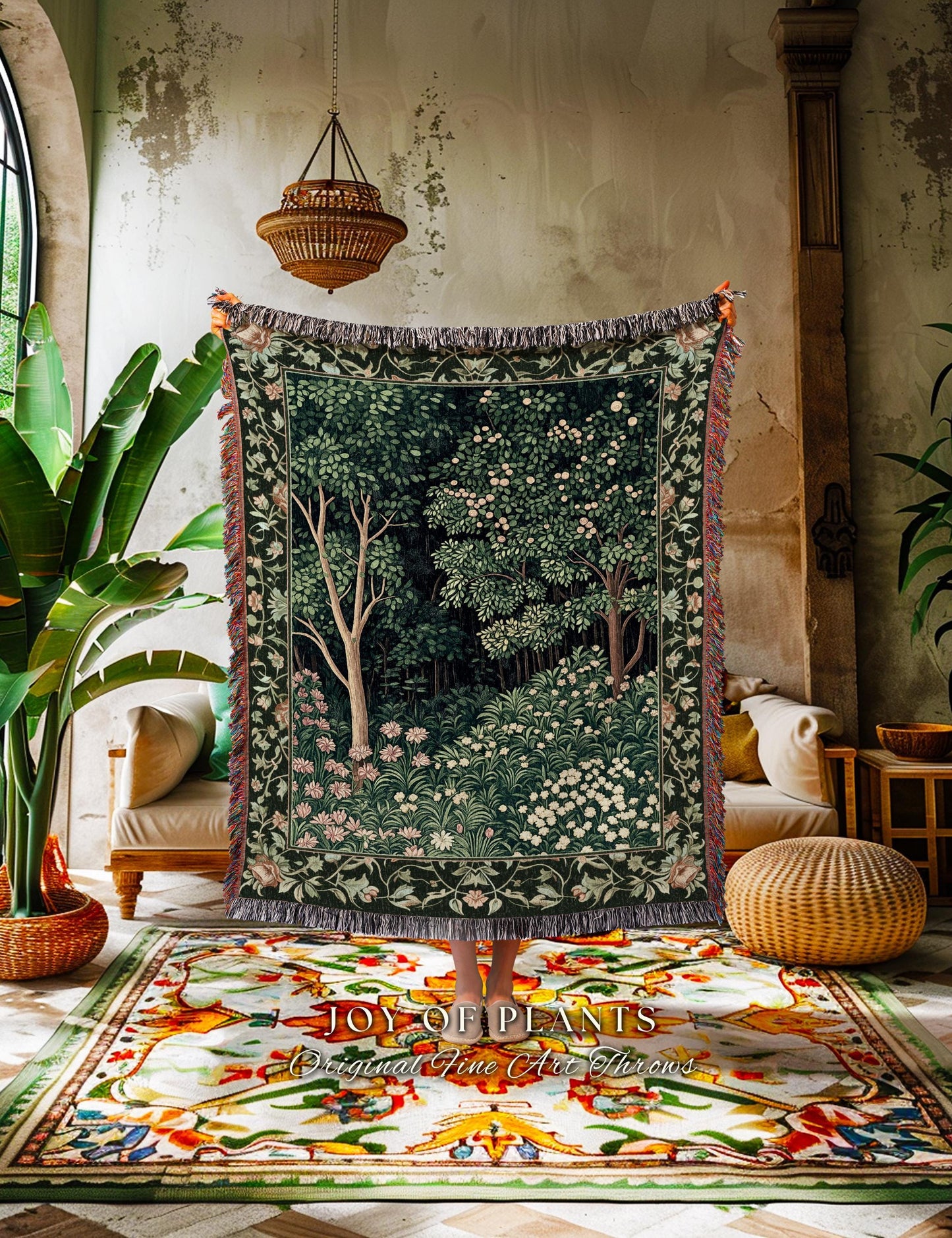 Medieval Forest Botanical Accent Throw | Woodland Botanical Emerald Green Vintage Aesthetic Mystic Book Nook Woven Tapestry Blanket Magical