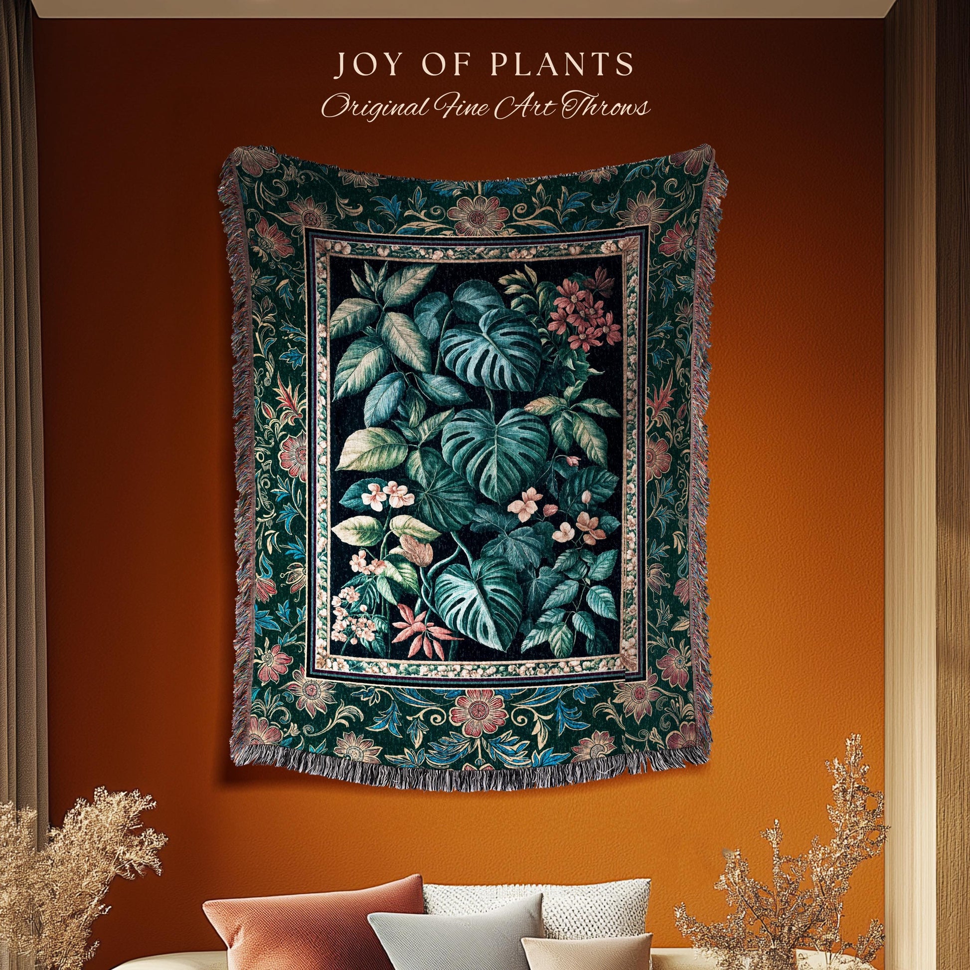 Elegant Botanicals Dark Forestcore Blanket | Woodland Fairycore Tapestry Woven Wall Art Dark Cottagecore Vintage Style Moody Bedroom Teal |