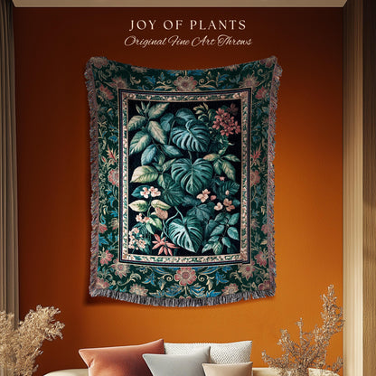 Elegant Botanicals Dark Forestcore Blanket | Woodland Fairycore Tapestry Woven Wall Art Dark Cottagecore Vintage Style Moody Bedroom Teal |