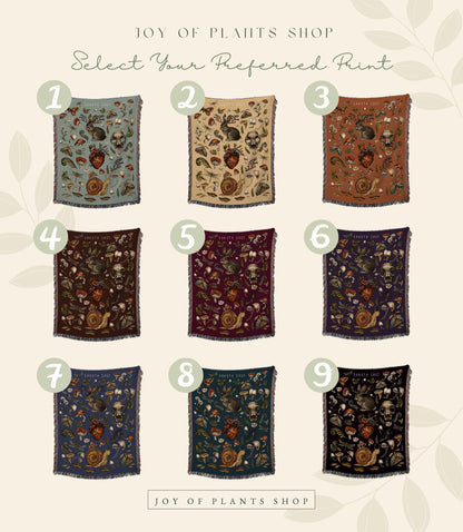 Victorian Gothic Woven Blanket | Dark Cottagecore Witchy Tapestry Woven | Goblincore Forest Mushroom Blanket Vintage | Mushroom Aesthetic |