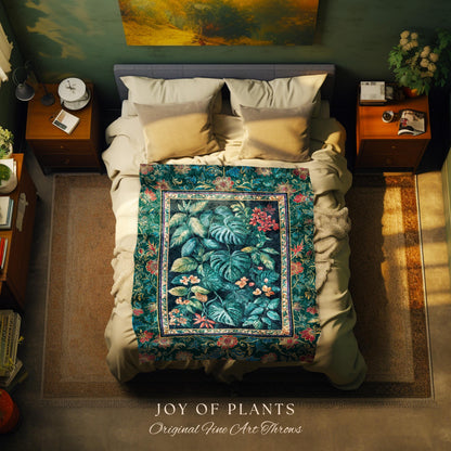 Elegant Botanicals Dark Forestcore Blanket | Woodland Fairycore Tapestry Woven Wall Art Dark Cottagecore Vintage Style Moody Bedroom Teal |