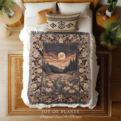 Autumn Night Sky Rustic Fall Throw | Cozy Spooky Pumpkin Vibes Midnight Landscape Decor Whimsigoth Aesthetics Dark Academia Woven Tapestry