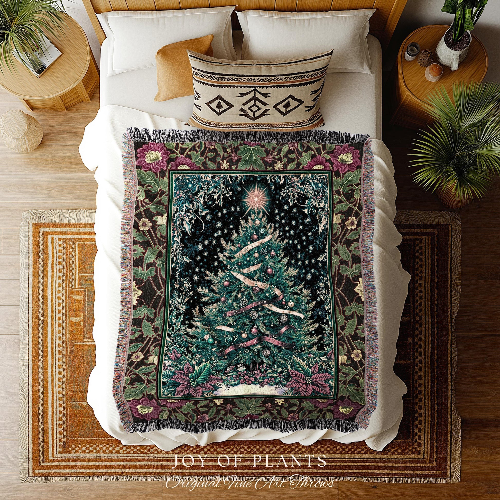 Nostalgic Christmas Tree Woven Blanket | Classic Aesthetic Holiday Tapestry Cozy Starry Night Throw Vintage Winter Decor Cottagecore Style |