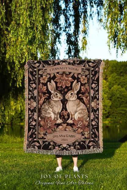 Pastel Florals Romantic Bunny Couple Tapestry | Woodland Fairycore Bunny Blanket Cute Couples Woven Blanket Cottagecore Personalized Throw