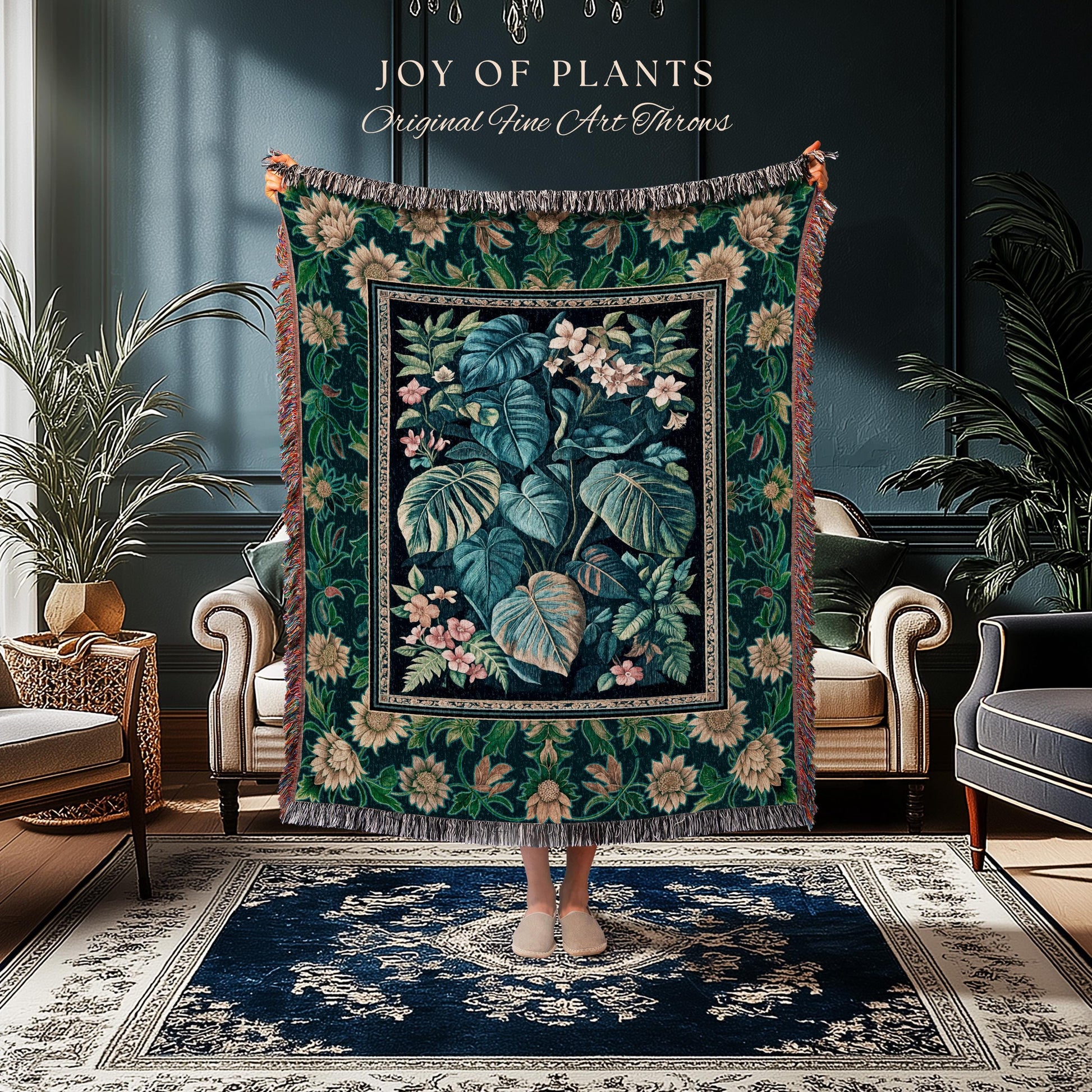 Ethereal Botanicals Woven Coverlet Blanket | Houseplant Bedroom Monstera Maximalist Leaf Bedding Dark Academia Aesthetic Woven Tapestry |