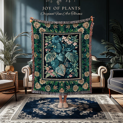 Ethereal Botanicals Woven Coverlet Blanket | Houseplant Bedroom Monstera Maximalist Leaf Bedding Dark Academia Aesthetic Woven Tapestry |