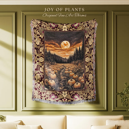 Autumn Night Sky Rustic Fall Throw | Cozy Spooky Pumpkin Vibes Midnight Landscape Decor Whimsigoth Aesthetics Dark Academia Woven Tapestry