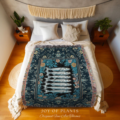 Trendy Coastal Aesthetic Woven Throw Blanket | Eclectic Maximalist Modern Sea Life Tapestry Indie Sardine Wall Art Rustic Nautical Decor |