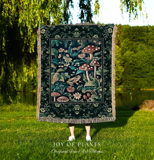 Frog and Mushroom Cute Cottagecore Throw | Eclectic Woodland Whimsy Toadstool Aesthetic Nature Lover Fairytale Inspired Woven Wall Tapestry