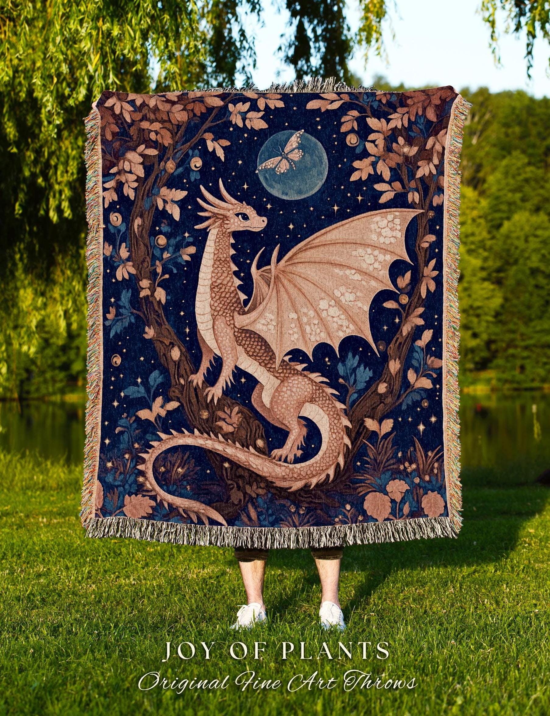Whimsical Woodland Dragon Tapestry | Medieval Aesthetic Witchy Magical Mythical Creature Decor Cozy Rustic Whimsigothic Wall Hanging Artwork