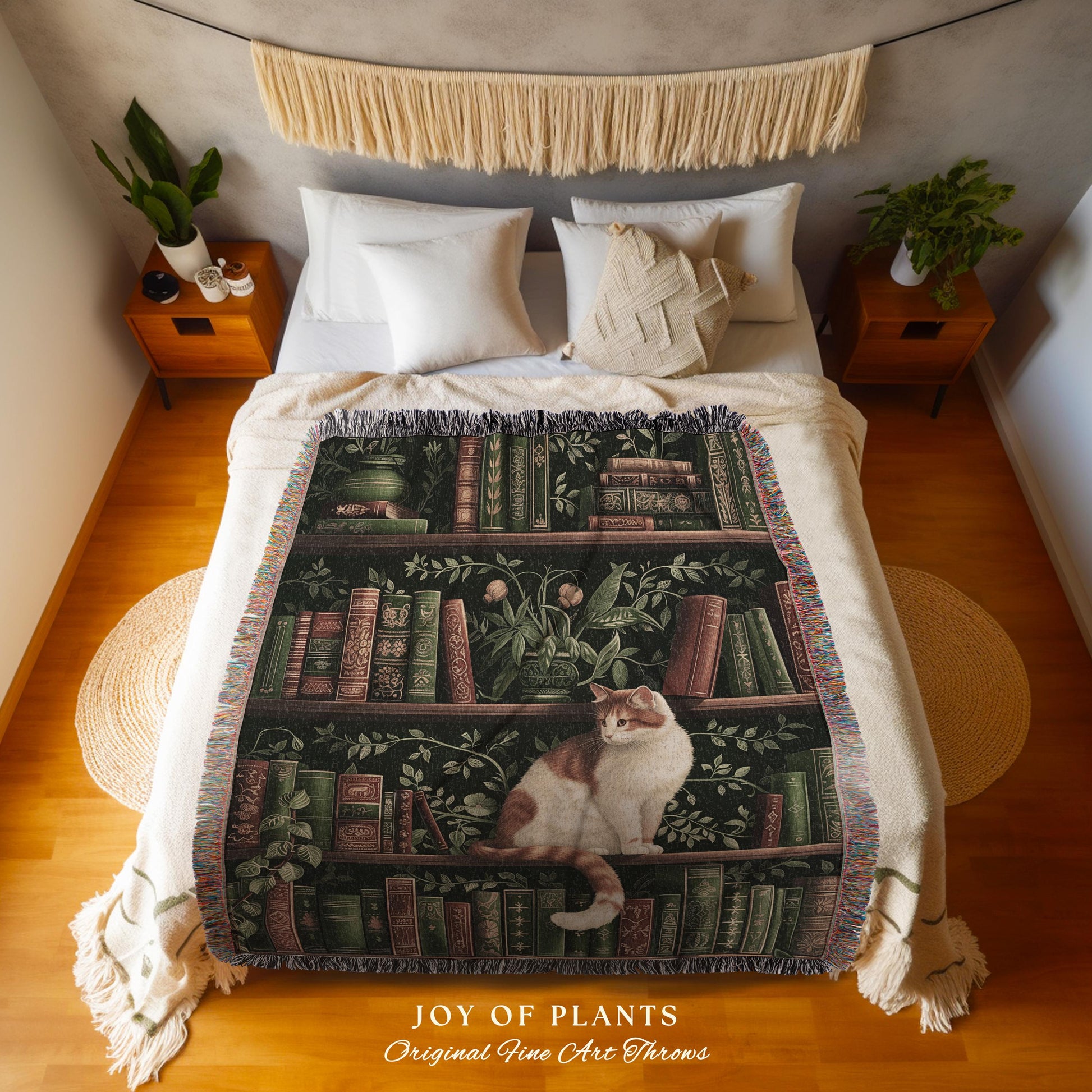 Victorian Gothic Cozy Cat Bookshelf Blanket | Fairycore Ethereal Bedroom Decor Reading Gift Dark Academia Woven Tapestry Wall Art Botanical