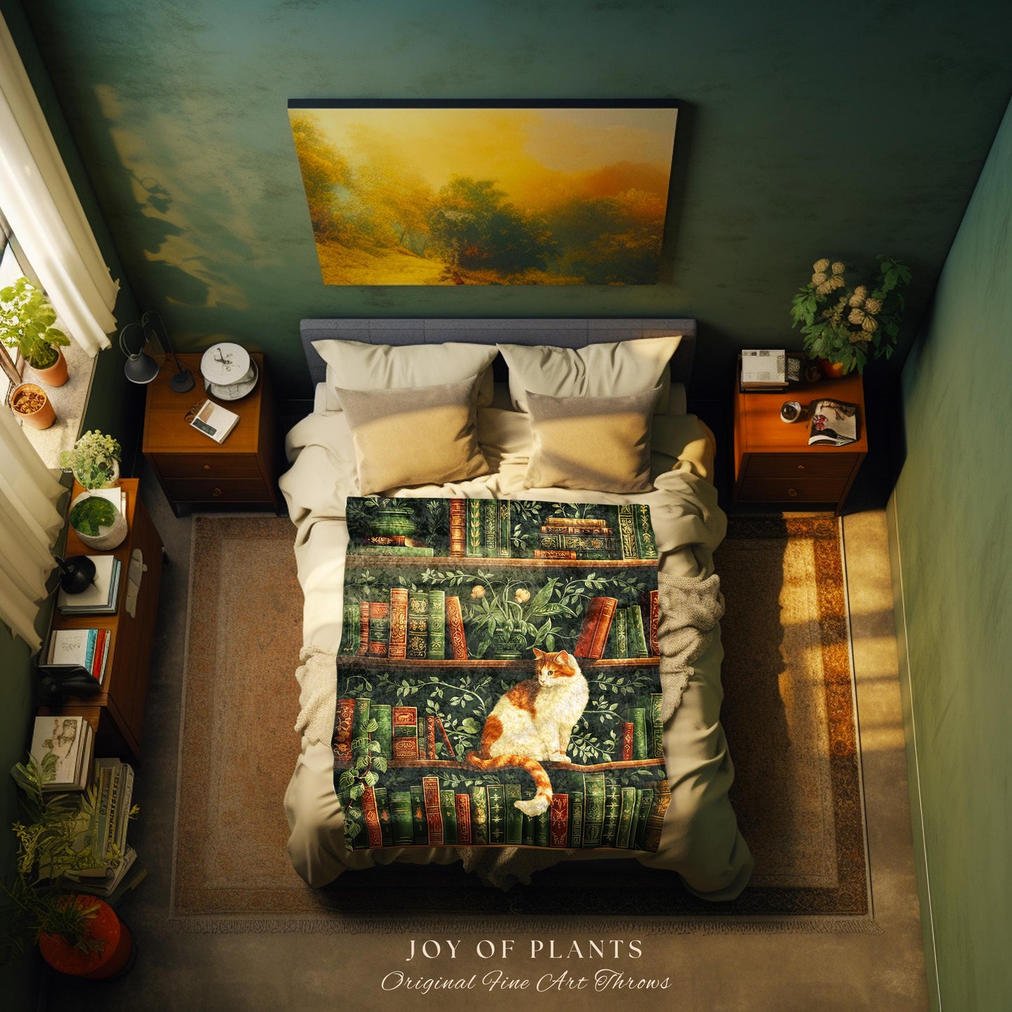 Victorian Gothic Cozy Cat Bookshelf Blanket | Fairycore Ethereal Bedroom Decor Reading Gift Dark Academia Woven Tapestry Wall Art Botanical