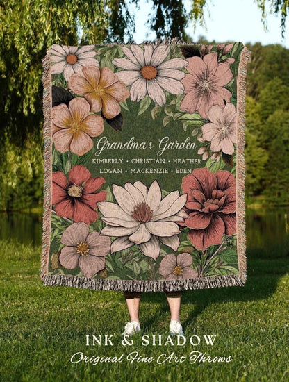 Grandma's Garden Birth Flower Blanket | Gift for Grandparents Custom Family Name Blanket Personalized Birth Month Flower Throw Blanket Woven