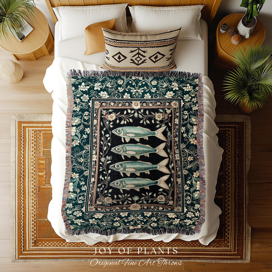 Costal Theme Eclectic Sardine Throw Blanket | Beachy Home Accent Ocean Inspired Costal Aesthetic Woven Wall Tapestry Sea Lover Wall Decor |