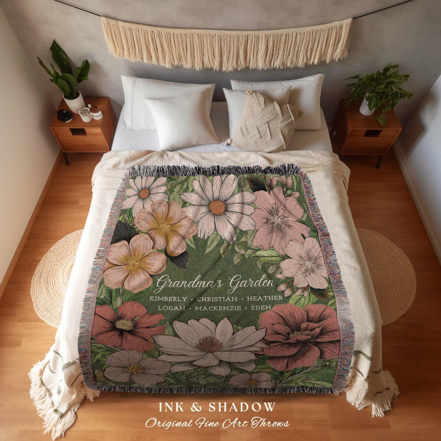 Grandma's Garden Birth Flower Blanket | Gift for Grandparents Custom Family Name Blanket Personalized Birth Month Flower Throw Blanket Woven