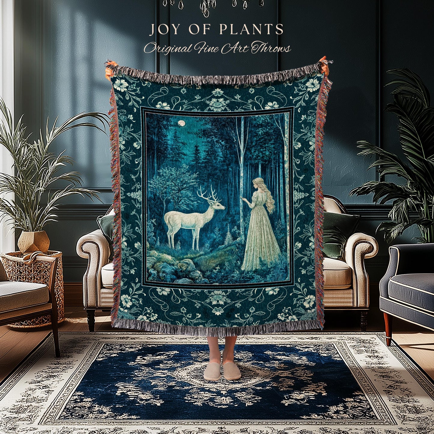 Moonlit Fairytale Mystic Throw Blanket | Misty Moonlit Landscape Whimsical Woven Tapestry Storybook Theme Maximalist Coquette Whimsical Art