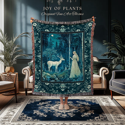 Moonlit Fairytale Mystic Throw Blanket | Misty Moonlit Landscape Whimsical Woven Tapestry Storybook Theme Maximalist Coquette Whimsical Art